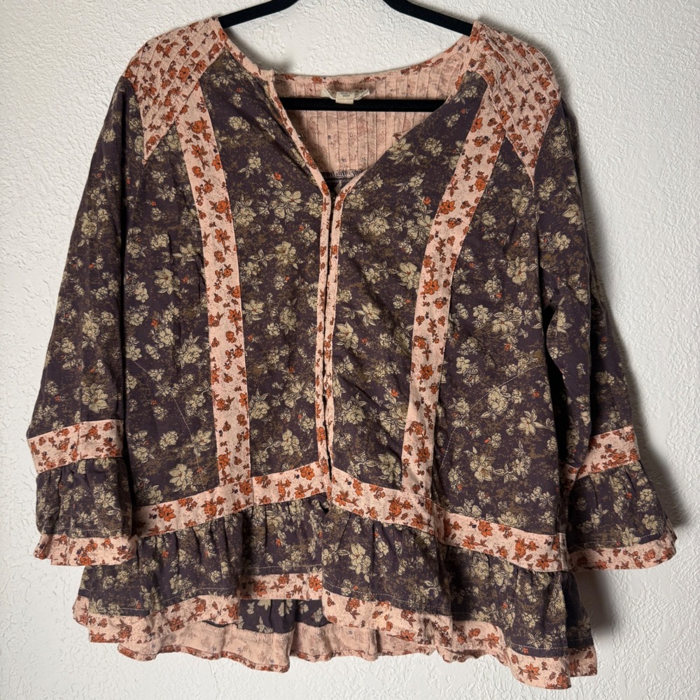 LOGO Lori Goldstein Womens M Floral 100% Cotton Bell Sleeve Peasant Top Boho